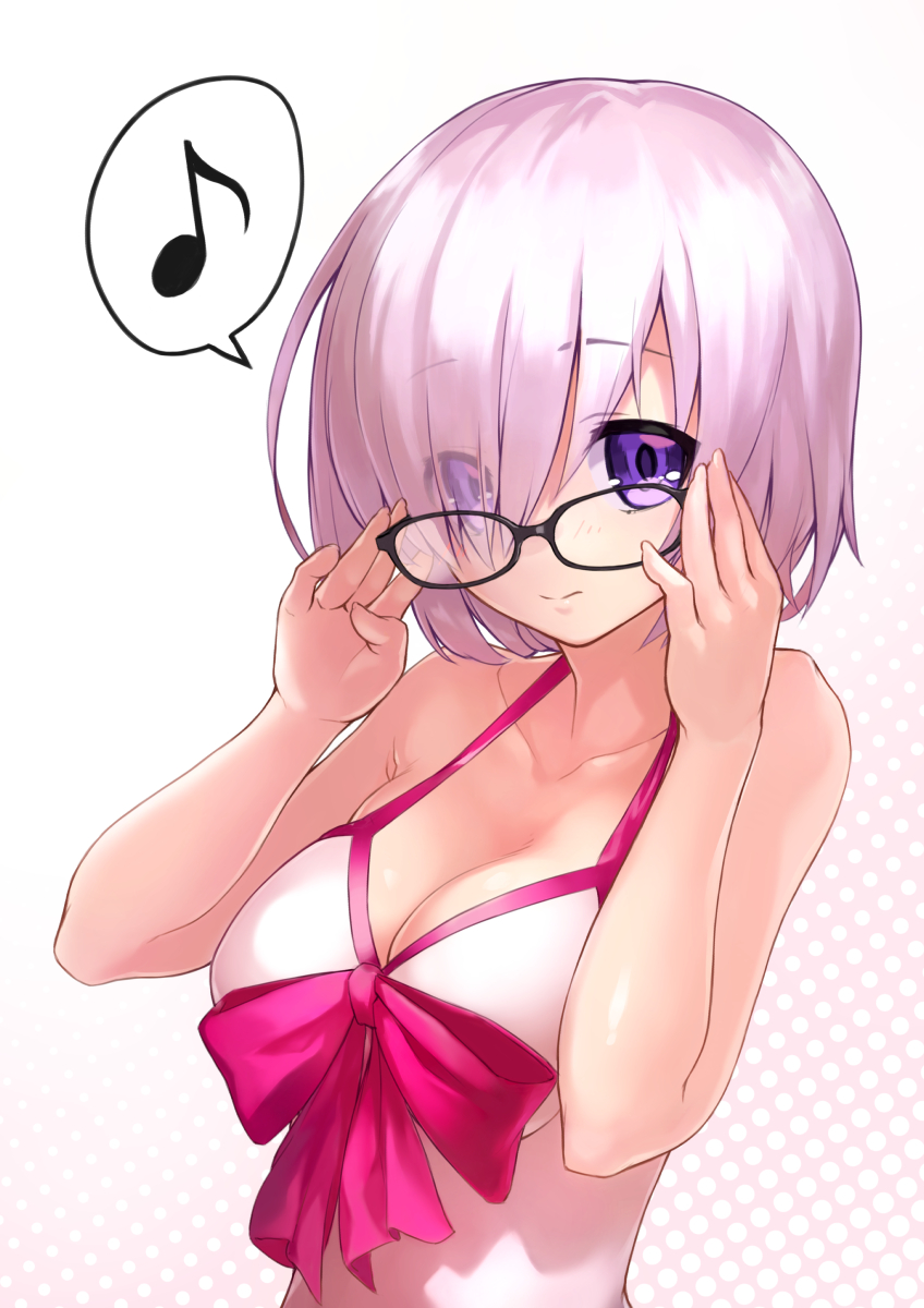 adjusting_eyewear bangs bare_shoulders bikini_top black-framed_eyewear blush breasts closed_mouth collarbone dress dress_swimsuit eighth_note eyebrows_visible_through_hair eyes_visible_through_hair fate/grand_order fate_(series) glasses hair_over_one_eye halftone halftone_background halterneck hands_up highres hyp large_breasts light_smile long_sleeves looking_at_viewer mash_kyrielight musical_note pink_hair pink_ribbon purple_eyes purple_hair ribbon short_hair sleeves_past_wrists smile solo speech_bubble spoken_musical_note swimsuit swimsuit_of_perpetual_summer tareme upper_body white_dress white_swimsuit