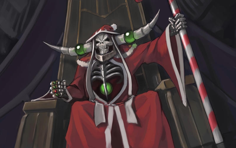 ainz_ooal_gown candy candy_cane christmas clenched_hands food hat jewelry male_focus orb overlord_(maruyama) paintrfiend ribs ring santa_costume santa_hat sitting skeleton skull solo throne
