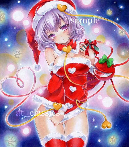 ahoge alternate_costume artist_name ass_visible_through_thighs at_classics bangs blush bow breasts christmas cleavage cowboy_shot detached_collar detached_sleeves dress dress_tug fur_trim gift green_bow hat head_tilt heart heart_of_string holding holding_gift komeiji_satori long_sleeves looking_at_viewer medium_breasts pom_pom_(clothes) purple_eyes purple_hair red_bow red_dress red_legwear sample santa_hat short_hair snowflakes solo thigh_gap thighhighs third_eye touhou traditional_media watermark wide_sleeves