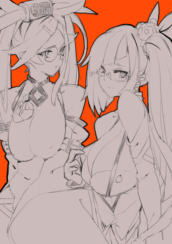 2girls bangs bare_shoulders blazblue breasts china_dress cleavage cowboy_shot detached_sleeves dress earrings glasses guilty_gear hair_ornament hairclip kuradoberi_jam large_breasts litchi_faye_ling long_hair looking_at_viewer makai monochrome multiple_girls orange_background ponytail simple_background upper_body