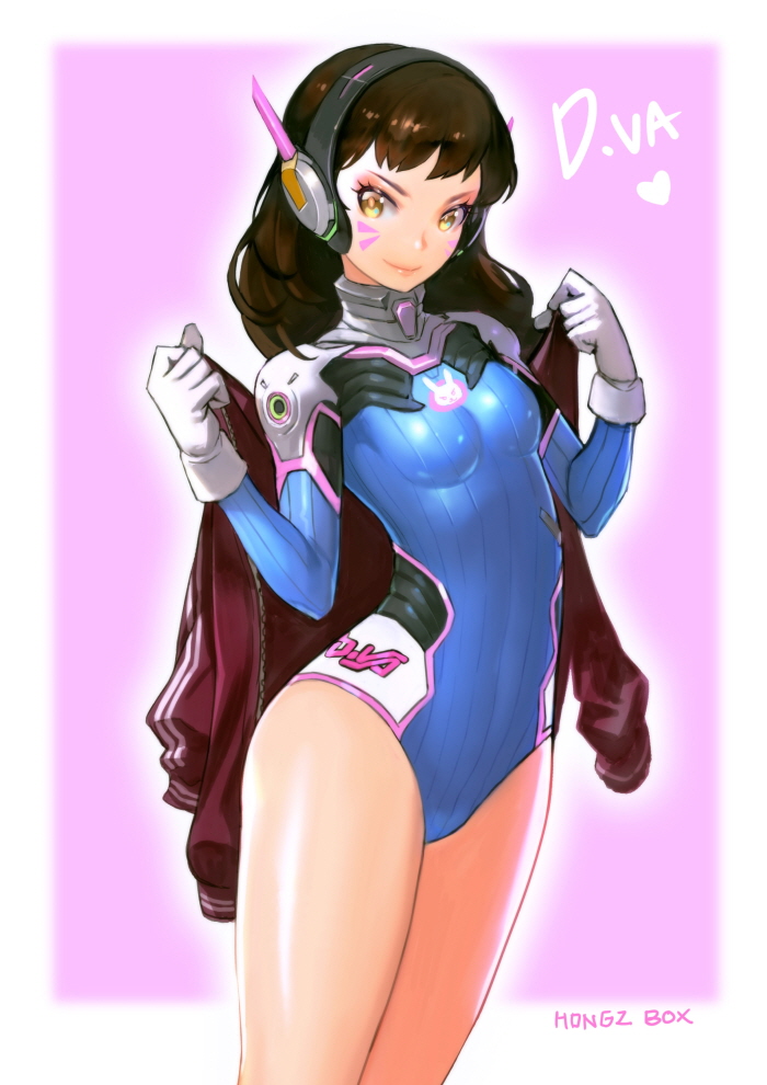 adapted_costume animal_print artist_name bangs blue_leotard border breasts brown_hair bunny_print character_name clenched_hands clothes_writing cowboy_shot d.va_(overwatch) facepaint facial_mark gloves headphones heart high_collar hong_soon-jae jacket leotard long_hair long_sleeves looking_at_viewer overwatch purple_background removing_jacket ribbed_leotard shoulder_pads signature skin_tight small_breasts solo swept_bangs whisker_markings white_border white_gloves yellow_eyes