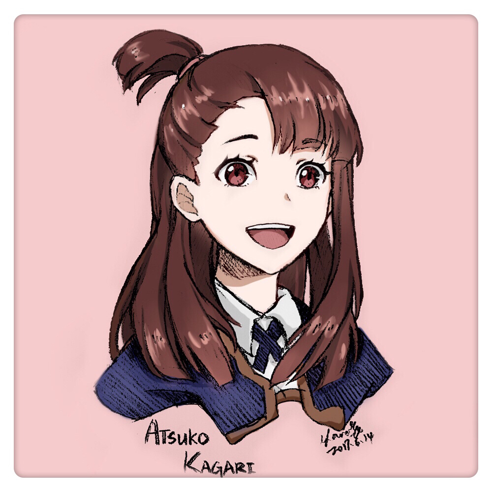 :d blue_ribbon brown_eyes brown_hair character_name cropped_torso dated do_it_lara hair_ornament kagari_atsuko little_witch_academia long_hair looking_at_viewer neck_ribbon one_eye_closed open_mouth portrait ribbon shirt signature smile solo white_shirt