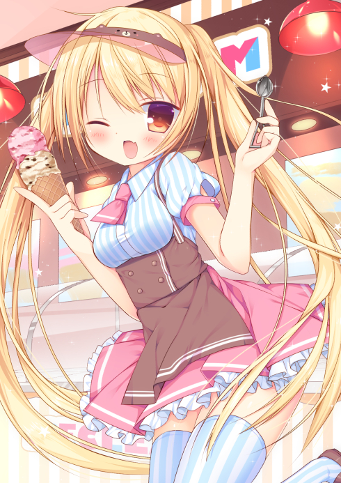 ;d apron bangs blonde_hair blush breasts brown_apron brown_footwear ceiling_light collared_shirt commentary_request double_scoop eyebrows_visible_through_hair fang food hair_between_eyes hisagi_(puchimaple) holding holding_food ice_cream ice_cream_cone ice_cream_scoop indoors long_hair looking_at_viewer medium_breasts moe2016 one_eye_closed open_mouth orange_eyes original pink_skirt pleated_skirt puffy_short_sleeves puffy_sleeves shirt shoes shop short_sleeves skirt smile solo standing star striped striped_legwear striped_shirt thighhighs tsurime twintails vertical-striped_legwear vertical-striped_shirt vertical_stripes very_long_hair visor_cap