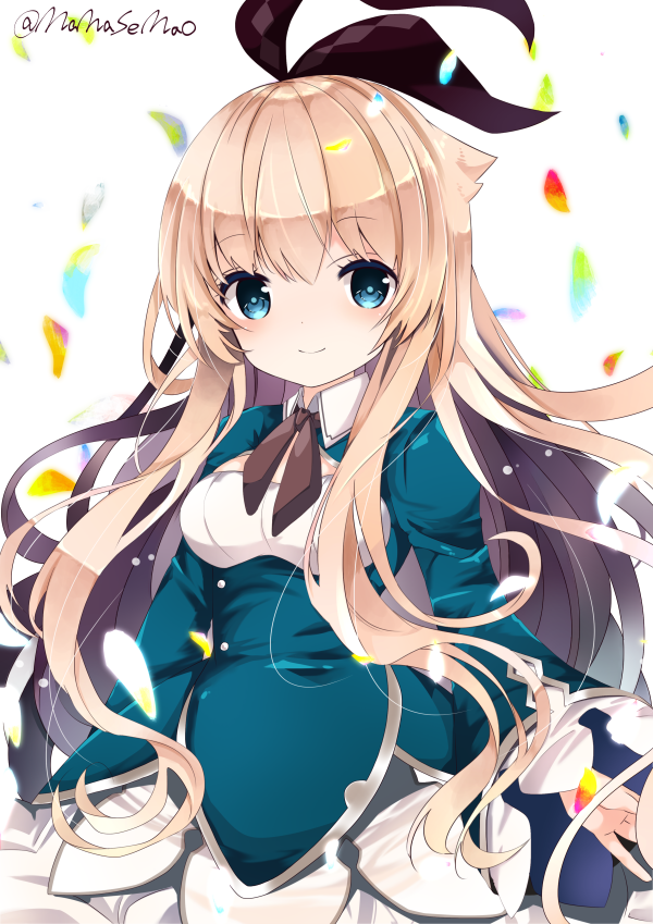 1girl alice_(grimms_notes) bangs black_ribbon blonde_hair blue_shirt blurry blurry_background blush breasts closed_mouth commentary_request depth_of_field eyebrows_visible_through_hair grimms_notes hair_ribbon long_hair long_sleeves looking_at_viewer medium_breasts nanase_nao ribbon shirt skirt sleeves_past_wrists smile solo twitter_username very_long_hair white_background white_skirt wide_sleeves