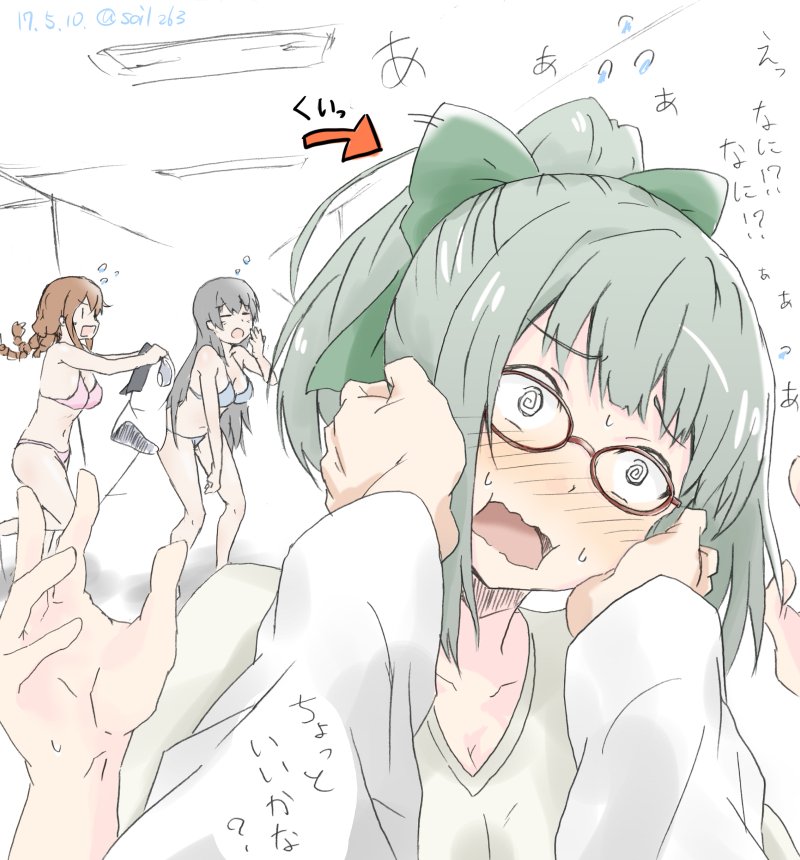 @_@ admiral_(kantai_collection) agano_(kantai_collection) bangs black_hair blush bow bra breasts brown_hair changing_clothes commentary_request dated directional_arrow eyebrows_visible_through_hair glasses green_hair green_shirt hair_bow hair_ribbon hands_on_another's_face kantai_collection long_hair medium_breasts multiple_girls noshiro_(kantai_collection) open_mouth panties ribbon shirt short_hair soil_7yi2i2s standing sweatdrop translated twitter_username underwear wavy_mouth yawning yuubari_(kantai_collection)