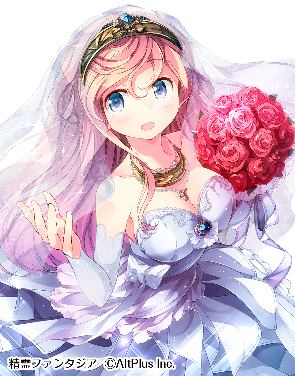 :d bare_shoulders blue_dress blue_eyes bouquet breasts bridal_veil brooch cleavage collarbone copyright_name detached_sleeves dress eyebrows_visible_through_hair flower from_above gem hairband hand_up happy_tears highres holding holding_bouquet jewelry large_breasts light_particles long_hair long_sleeves looking_at_viewer looking_up matsuuni necklace official_art open_mouth pendant pink_hair reaching_out ring sapphire_(stone) see-through seirei_fantasia sidelocks simple_background smile solo tareme tearing_up tears veil wedding_band white_background