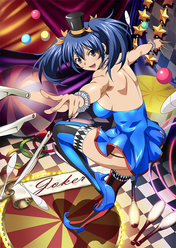 00s 1girl ass bashoku_youjou breasts circus dress female hat ikkitousen knife large_breasts long_hair looking_at_viewer shiny_skin smile tarot twintails