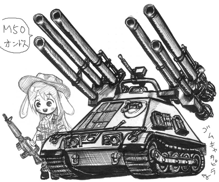 assault_rifle camouflage caterpillar_tracks chibi commentary_request graphite_(medium) greyscale ground_vehicle gun happy hat m16 m50_ontos machine_gun marine_corps military military_uniform military_vehicle mitsuwo_kouki monochrome motor_vehicle real_life recoilless_rifle rifle scan self-propelled_gun sketch soldier tank traditional_media uniform vietnam_war weapon