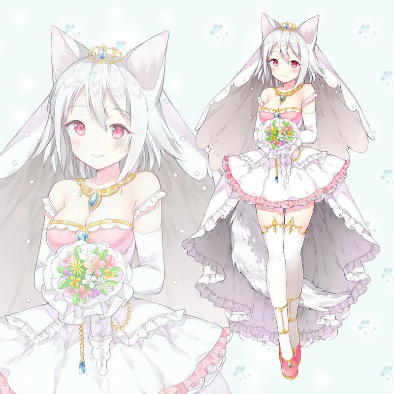 alternate_costume animal_ears bangs bare_shoulders blush bouquet breasts chitetan cleavage closed_mouth commentary_request dress elbow_gloves eyebrows_visible_through_hair flower gloves holding holding_bouquet inubashiri_momiji jewelry looking_at_viewer medium_breasts pendant pink_footwear red_eyes ring shoes short_hair smile standing tail thigh_gap thighhighs tiara touhou wedding_band wedding_dress white_gloves white_hair white_legwear wolf_ears wolf_tail zettai_ryouiki zoom_layer