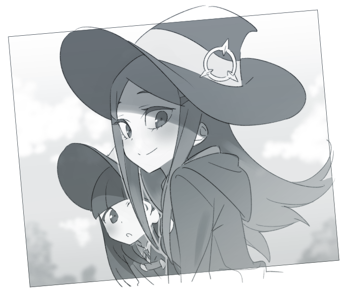 greyscale hat hizuki_akira little_witch_academia monochrome multiple_girls smile witch witch_hat