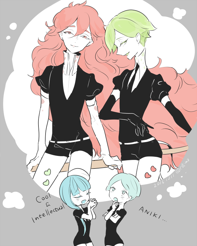 androgynous black_neckwear blue_hair center_part closed_eyes cojimama colored_eyelashes elbow_gloves gem_uniform_(houseki_no_kuni) gloves green_eyes hands_together heart hemimorphite_(houseki_no_kuni) houseki_no_kuni long_hair multiple_others necktie padparadscha_(houseki_no_kuni) peridot_(houseki_no_kuni) phosphophyllite red_eyes thinking twitter_username uniform very_long_hair white_gloves white_skin