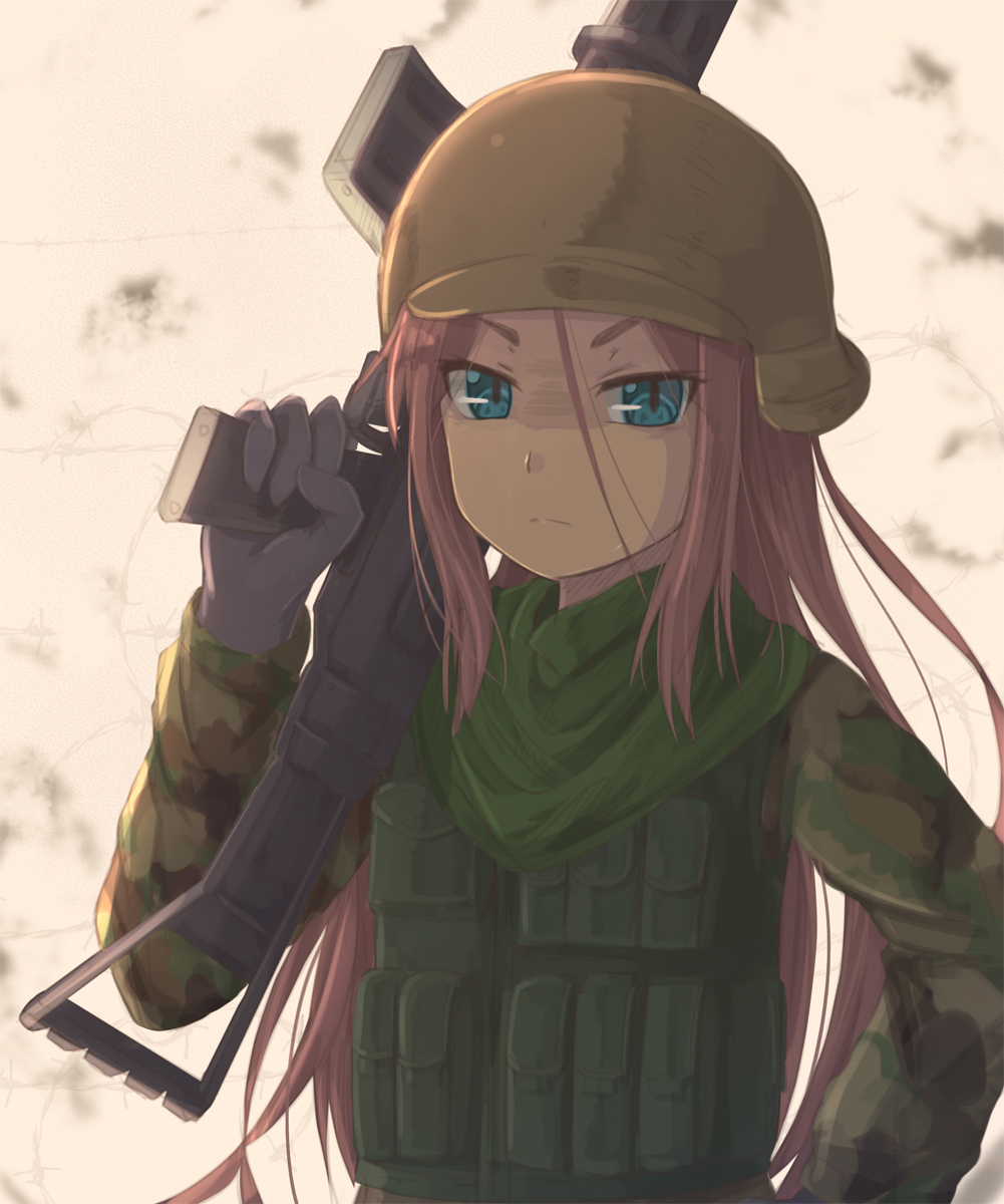 &gt;:( ahagon_umiko assault_rifle beige_background black_gloves blue_eyes brown_hair camouflage closed_mouth commentary dark_skin frown gloom_(expression) gloves gun hair_between_eyes helmet highres hikari_niji long_hair looking_at_viewer new_game! rifle shaded_face sketch solo trigger_discipline upper_body v-shaped_eyebrows very_long_hair weapon
