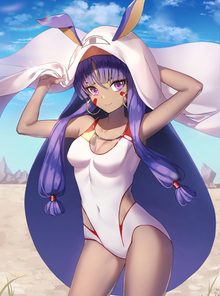 animal_ears armpits arms_up bangs bare_arms bare_shoulders blanket blue_sky blunt_bangs breasts bunny_ears cleavage closed_mouth cloud collarbone competition_swimsuit contrapposto covered_navel day desert earrings eyebrows_visible_through_hair face fate/grand_order fate_(series) glint hair_tubes hairband handheld_game_console hoop_earrings jewelry lens_flare long_hair looking_at_viewer low-tied_long_hair medium_breasts medjed necklace nintendo_ds nitocris_(fate/grand_order) nitocris_(swimsuit_assassin)_(fate) one-piece_swimsuit outdoors purple_eyes purple_hair roang sidelocks sky smile solo standing swimsuit thighs tsurime very_long_hair white_swimsuit