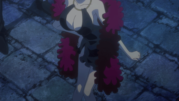 1girl animated animated_gif animation ass bare_shoulders black_dress blush breasts carina_(one_piece) cleavage dress earring hips large_breasts necklace one_piece one_piece_film_gold pose purple_hair rose short_hair thighs