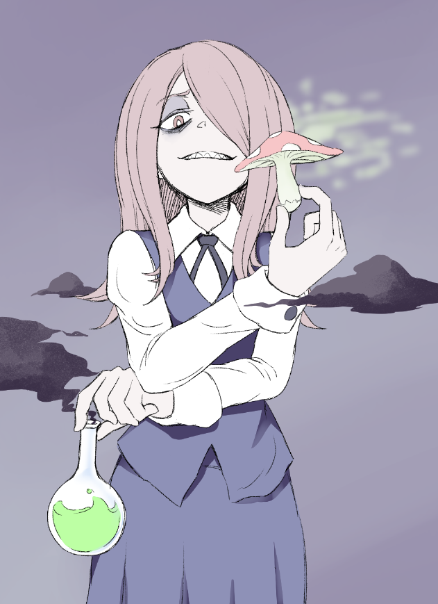 bags_under_eyes bright_pupils collared_shirt crossed_arms foreshortening hair_over_one_eye half-closed_eye holding liquid little_witch_academia long_hair long_sleeves looking_at_viewer luna_nova_school_uniform mushroom orinpachu pale_skin pink_hair purple_background purple_skirt purple_vest red_eyes shirt simple_background skirt sleeve_cuffs smell smoke solo sucy_manbavaran upper_body vest white_shirt wing_collar x_arms