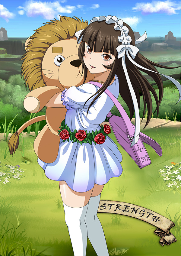 00s 1girl breasts brown_hair dress female grass ikkitousen long_hair looking_at_viewer looking_back shiny_skin sky small_breasts smile standing tarot ten'i_(ikkitousen) wind