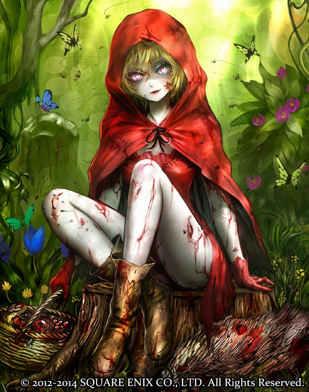blonde_hair blood boots bug butterfly cloak crossed_ankles deadman's_cross dress flower fly full_body gloves hood hooded_cloak injury insect legs little_red_riding_hood little_red_riding_hood_(grimm) looking_at_viewer outdoors pale_skin parted_lips raypass red_dress red_gloves red_hood red_lips short_hair sitting solo tree_stump undead zombie
