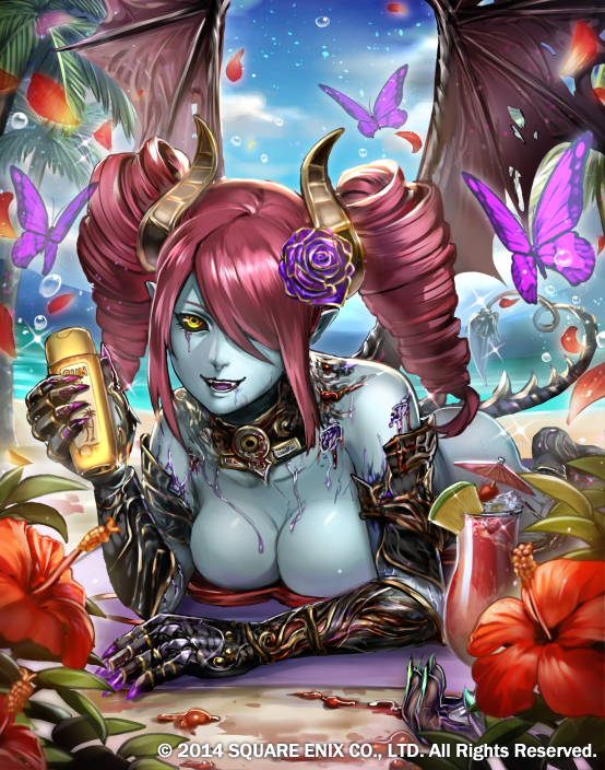 ass bangs bat_wings beach bikini black_sclera blue_skin breasts bug butterfly cocktail cocktail_umbrella collar company_name day deadman's_cross deep_wound demon_girl demon_horns demon_tail drill_hair dripping elbow_gloves flower full_body gauntlets gloves hair_flower hair_ornament hair_over_one_eye heart heart_tail hibiscus horns hurricane_glass injury insect isaroishin jewelry large_breasts looking_at_viewer lotion lotion_bottle lying necklace nude official_art on_stomach outdoors palm_tree parted_lips petals pineapple_slice purple_flower purple_rose red_bikini red_hair rose smile solo sparkle sunscreen swept_bangs swimsuit tail torn_wings tree tropical_drink twin_drills water_drop watermark wings yellow_eyes zombie