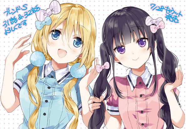 :d alternate_hairstyle bangs blend_s blonde_hair blue_bow blue_dress blue_eyes blunt_bangs bow collared_dress diagonal_stripes dot_nose dress eyebrows_visible_through_hair fingernails hair_between_eyes hair_bow hair_ornament hair_over_shoulder hairstyle_switch hand_in_hair hands_up hinata_kaho jpeg_artifacts long_hair looking_at_viewer low_twintails multiple_girls nakayama_miyuki open_mouth pink_bow pink_dress polka_dot polka_dot_background polka_dot_bow pom_poms puffy_short_sleeves puffy_sleeves purple_hair sakuranomiya_maika short_sleeves smile stile_uniform striped striped_bow striped_dress tareme tsurime twintails uniform upper_body waitress