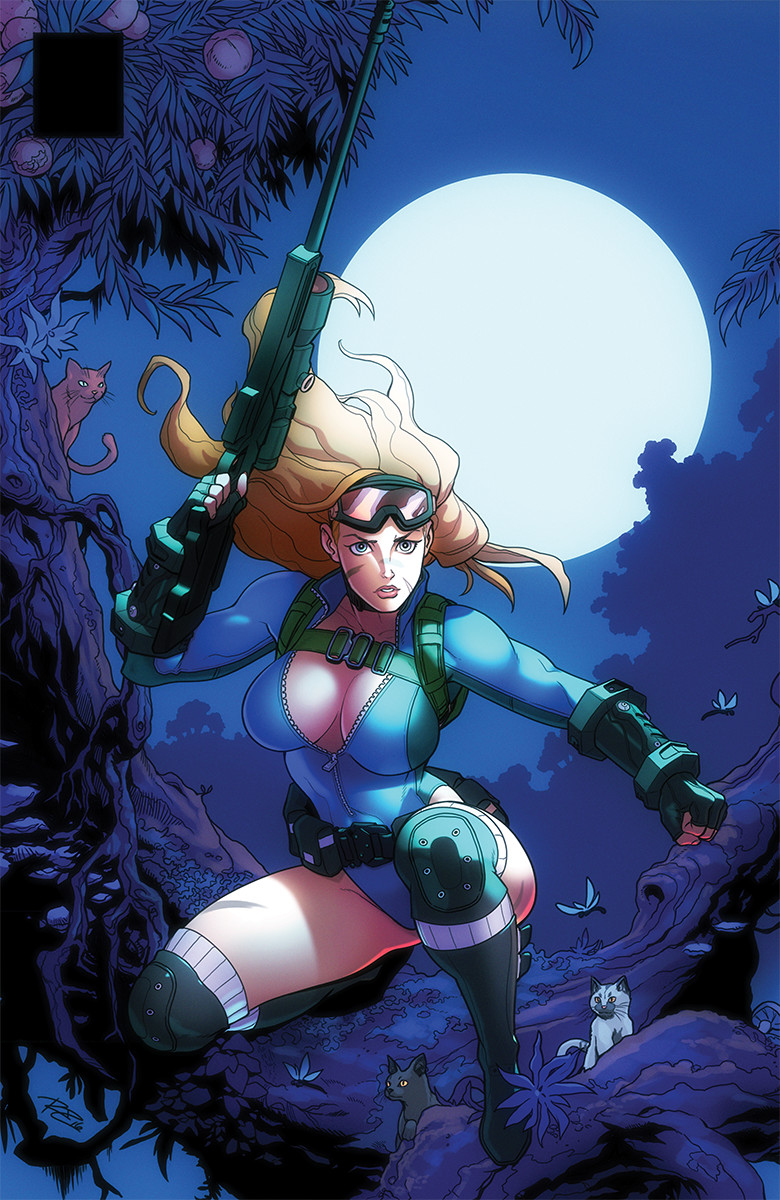 alternate_costume alternate_hair_length alternate_hairstyle backpack bag blonde_hair blue_eyes blue_leotard bodysuit boots breasts cammy_white camouflage cat cleavage clenched_hand commentary cover cover_page facepaint fingerless_gloves floating_hair full_moon gloves goggles goggles_on_head gun hair_down highleg highleg_leotard highres jungle knee_pads large_breasts leotard lips long_sleeves moon nature no_bra one_knee parody rifle robert_porter scar scope shanna_the_she-devil sniper_rifle solo street_fighter street_fighter_v toned too_many too_many_cats udon_entertainment unzipped weapon