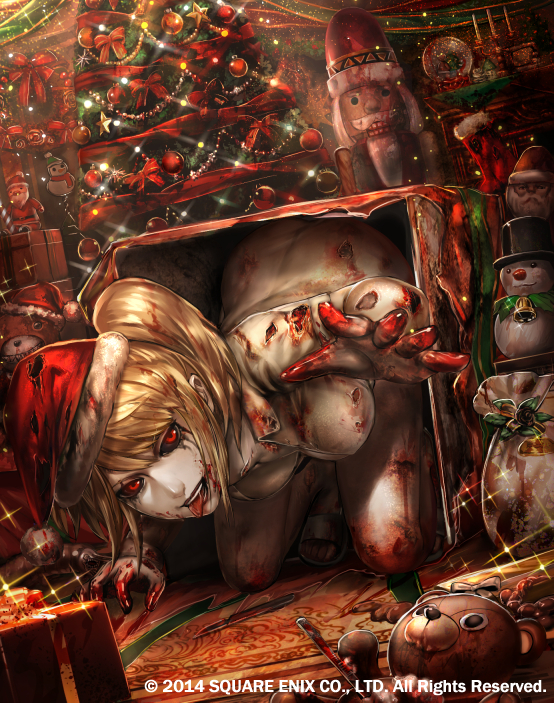 all_fours ass black_lipstick black_sclera blonde_hair blood blood_on_face bloody_clothes breasts christmas christmas_tree cleavage deadman's_cross deep_wound evil_smile gift_bag hat injury isaroishin lipstick looking_at_viewer makeup medium_breasts nurse nurse_(deadman's_cross) official_art open_mouth outstretched_arm reaching_out red_eyes santa_hat short_sleeves slippers smile sparkle stuffed_animal stuffed_toy teddy_bear tongue tongue_out white_skin zombie
