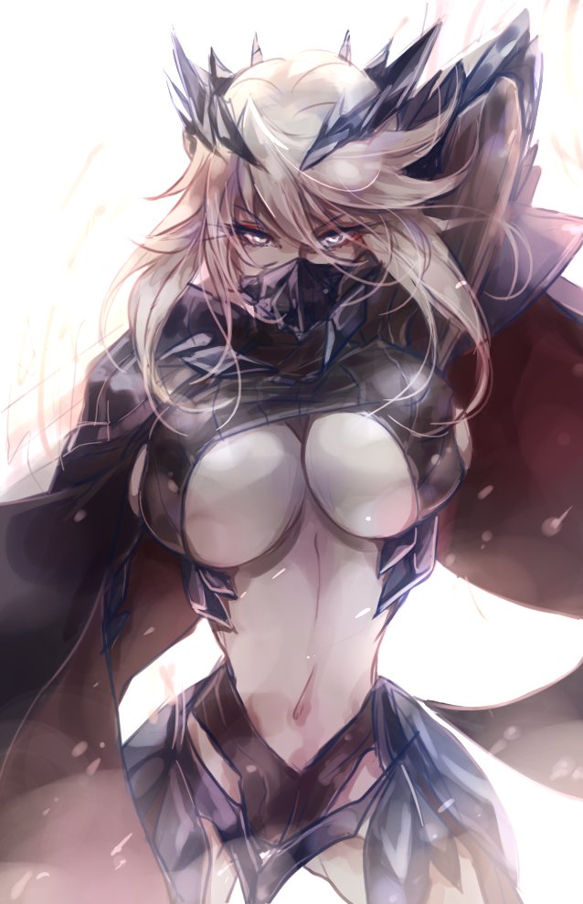 armor artoria_pendragon_(all) artoria_pendragon_(lancer_alter) blonde_hair breasts cape fate/grand_order fate_(series) fimyuan hair_ornament large_breasts looking_at_viewer mask navel simple_background underboob white_background yellow_eyes