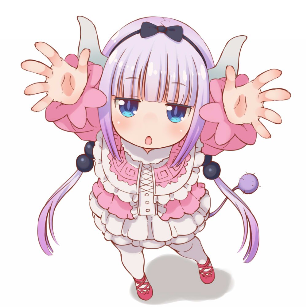 :o arms_up bangs beads blunt_bangs blush capelet carry_me commentary dragon_girl dragon_horns dragon_tail dress eyebrows_visible_through_hair frilled_dress frills full_body hair_beads hair_ornament hairband half-closed_eyes hondarai horns incoming_hug kanna_kamui kobayashi-san_chi_no_maidragon lavender_hair long_sleeves looking_at_viewer open_mouth outstretched_arms reaching_out simple_background solo tail thighhighs white_background white_legwear