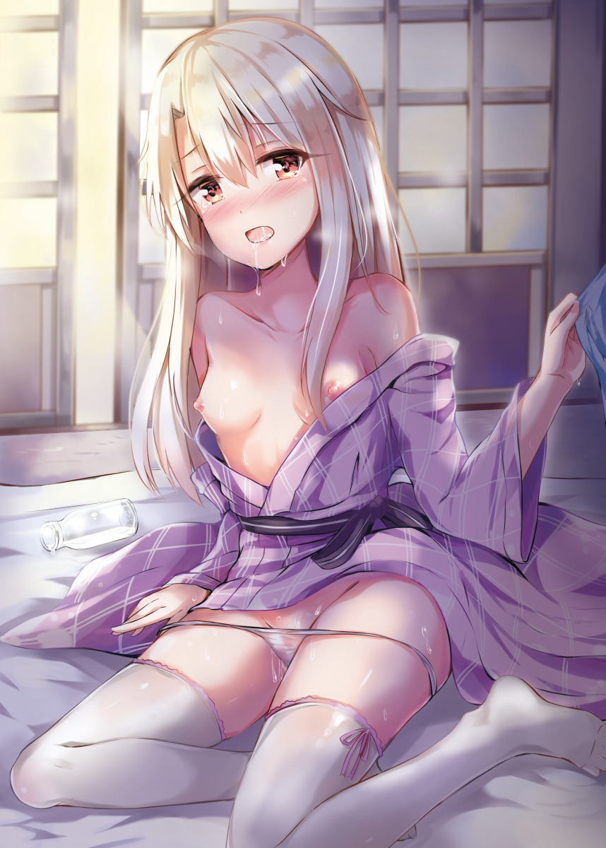 :o bangs blush breasts brown_eyes commentary_request drooling eyebrows_visible_through_hair fate/kaleid_liner_prisma_illya fate_(series) hair_between_eyes highres illyasviel_von_einzbern indoors japanese_clothes kimono konka long_hair looking_at_viewer nipples nose_blush obi open_mouth panties panty_pull parted_lips purple_kimono saliva sash sidelocks silver_hair sliding_doors small_breasts solo sweat tatami thighhighs underwear white_legwear white_panties yukata