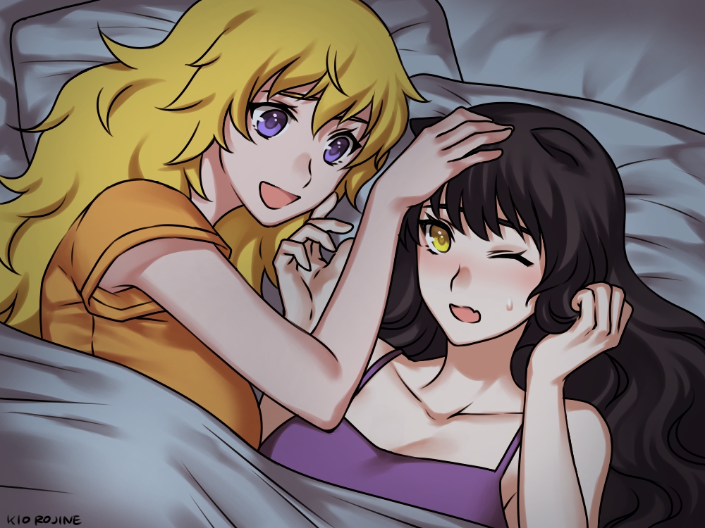 2girls animal_ears bare_arms bed black_hair blake_belladonna blonde_hair blush breasts cat_ears cleavage elbow fang hand_in_hair hand_on_another's_head hand_on_head happy in_bed kio_rojine long_hair looking_at_another multiple_girls on_bed one_eye_closed one_eye_open open_mouth orange_shirt petting pillow pillows purple_eyes purple_top rwby shirt smile sweatdrop t-shirt top very_long_hair wink yang_xiao_long yellow_eyes