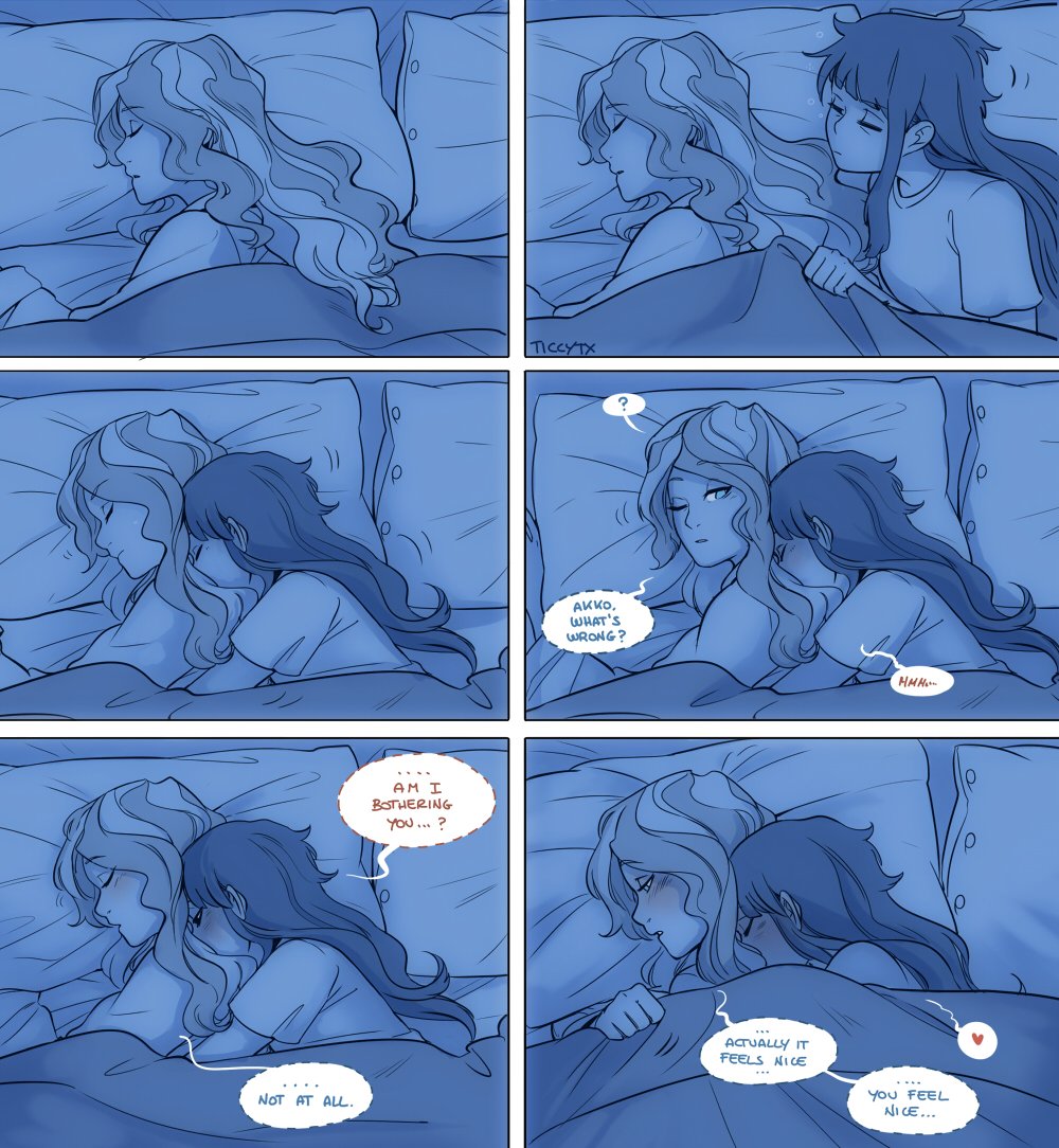 ? artist_name blonde_hair blue blush brown_hair closed_eyes comic diana_cavendish english heart hug hug_from_behind kagari_atsuko little_witch_academia lying messy_hair monochrome multicolored_hair multiple_girls night nuzzle on_side pillow short_sleeves sleepy spoken_heart spooning spot_color ticcy under_covers wavy_hair yuri