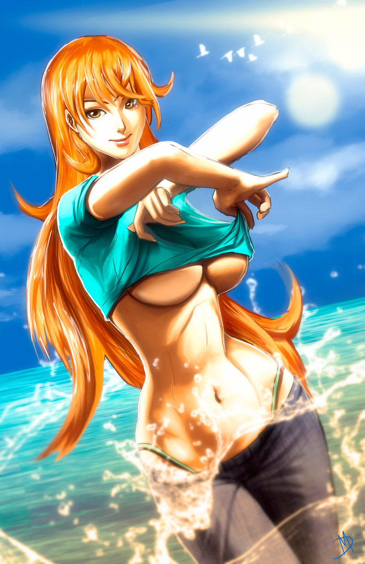 1girl artist_request birds breasts brown_eyes clouds curvy female jeans large_breasts long_hair midriff nami_(one_piece) navel one_piece orange_hair sea shirt sky slim_waist smile solo splash standing stomach sun taking_off thong underboob undressing water wide_hips