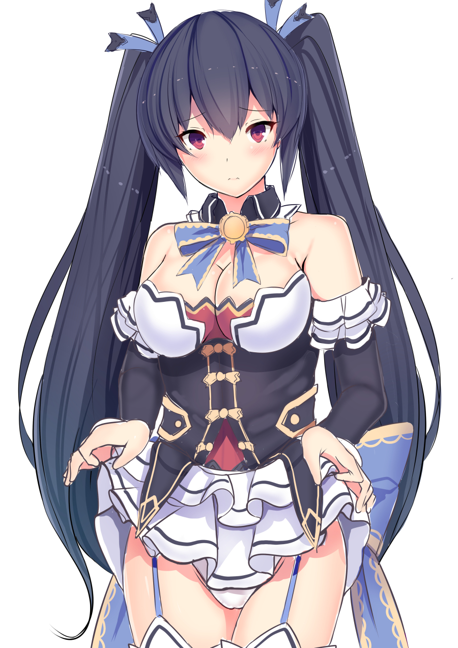bare_shoulders black_hair blue_bow blue_neckwear blue_ribbon blush bow bowtie breasts choker cleavage closed_mouth cowboy_shot daiaru detached_collar detached_sleeves embarrassed eyebrows_visible_through_hair frills frown garter_straps hair_between_eyes hair_ornament hair_ribbon highres lifted_by_self long_hair long_sleeves looking_at_viewer medium_breasts neptune_(series) noire panties raised_eyebrows red_eyes ribbon ribbon_choker simple_background skirt skirt_lift solo standing thighhighs twintails underwear very_long_hair white_background white_legwear white_panties white_skirt