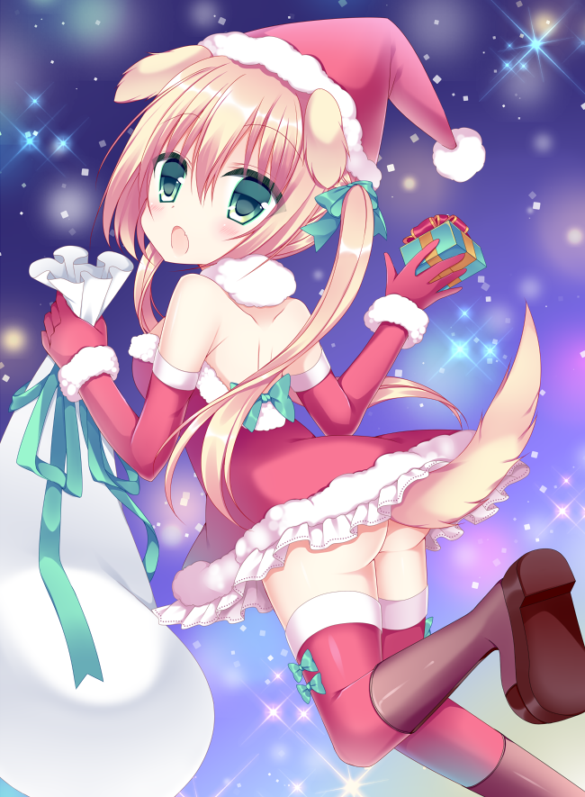 :o animal_ears ass blonde_hair blush boots bow brown_footwear christmas commentary_request dog_ears dog_girl dog_tail dress elbow_gloves eyebrows_visible_through_hair fang frilled_dress frills fur-trimmed_dress fur-trimmed_gloves fur_collar fur_trim gift gloves green_bow green_eyes hair_between_eyes hair_bow hat holding holding_gift holding_sack knee_boots long_hair looking_at_viewer looking_back original red_dress red_gloves red_legwear sack santa_costume santa_hat shikito solo sparkle strapless strapless_dress tail tareme thighhighs twintails very_long_hair
