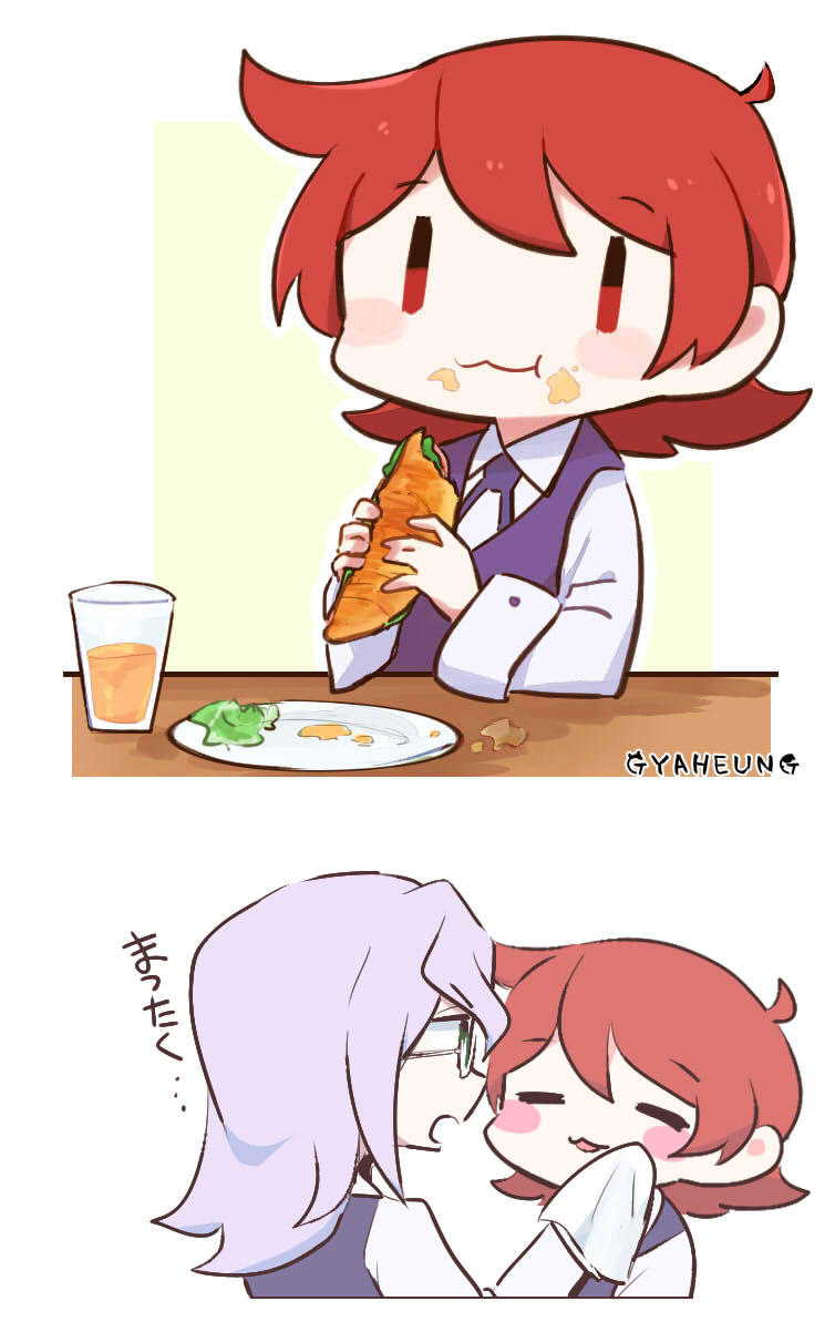 2girls :3 croix_meridies eating glasses gyaheung little_witch_academia multiple_girls red_hair sandwich shiny_chariot