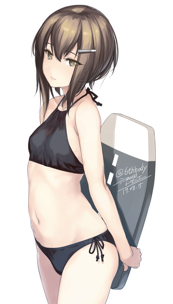 artist_name bikini black_bikini breasts brown_eyes brown_hair closed_mouth cowboy_shot dated ears_visible_through_hair from_side hair_between_eyes hair_ornament hairclip halterneck kantai_collection kickboard looking_at_viewer navel rokuwata_tomoe short_hair simple_background small_breasts solo swimsuit taihou_(kantai_collection) twitter_username white_background