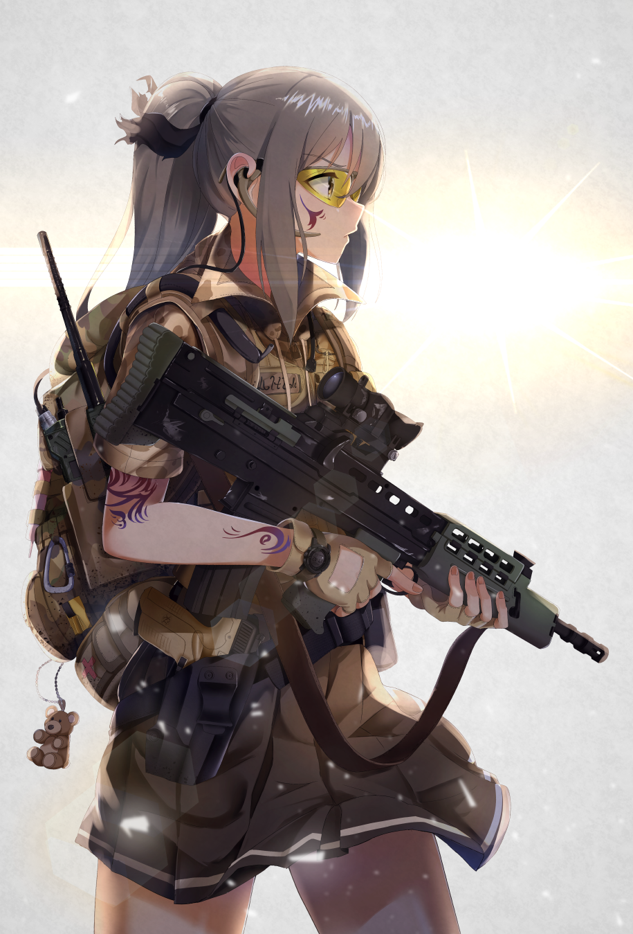 assault_rifle backpack bag bag_charm black_skirt brown_gloves casino_(casinoep) charm_(object) closed_mouth cowboy_shot fingerless_gloves from_behind gloves goggles grey_hair gun headset highres holding holding_gun holding_weapon l85 lens_flare load_bearing_vest long_hair military original outdoors pleated_skirt ponytail profile revision rifle scope short_sleeves sidelocks skirt solo tattoo trigger_discipline weapon yellow_eyes