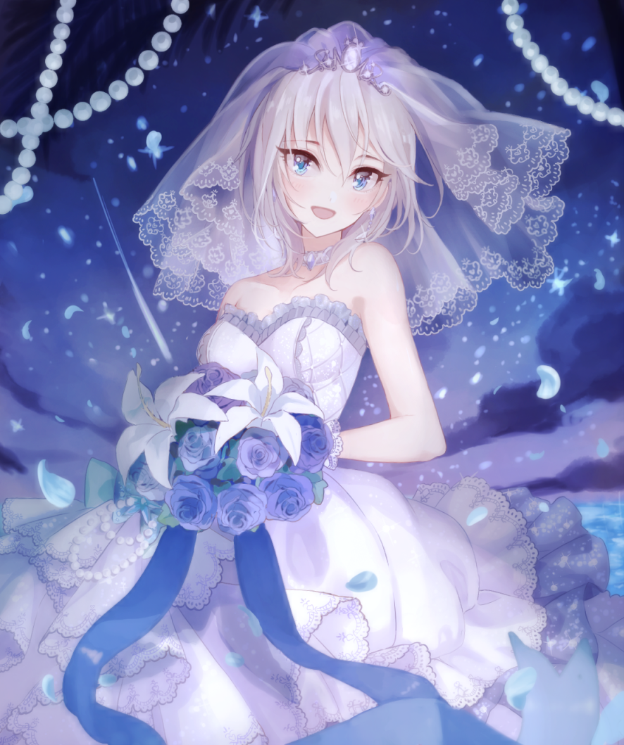 anastasia_(idolmaster) bad_id bad_pixiv_id bare_shoulders blue_eyes bouquet breasts bridal_veil commentary_request dress flower gloves idolmaster idolmaster_cinderella_girls looking_at_viewer magako medium_breasts open_mouth short_hair silver_hair smile solo strapless strapless_dress veil wedding_dress white_dress