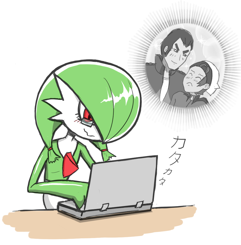 1girl 2boys beanie bespectacled black-framed_eyewear black-framed_glasses blush clarion_(delphinusw) eyes_closed fanfiction father_and_son gardevoir glasses green_hair gym_leader hair_over_one_eye hair_tie half-closed_eyes hands_up hat jacket laptop looking_down multiple_boys pokemon pokemon_(creature) pokemon_rse red_eyes senri_(pokemon) shirt short_hair simple_background sitting smile sparkle text tied_hair translation_request typing wavy_mouth white_background yaoi yuuki_(pokemon)