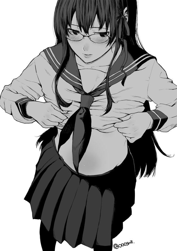 blush breasts embarrassed glasses greyscale hair_ribbon long_hair looking_away medium_breasts monochrome osomatsu_(nanameno) pantyhose ribbon school_uniform shirt_lift simple_background skirt solo white_background