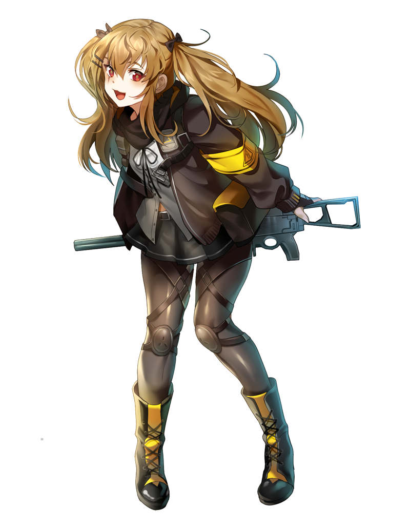 boba boots brown_hair cross-laced_footwear full_body girls_frontline gun h&amp;k_ump hair_ornament hairclip heckler_&amp;_koch hood hooded_jacket jacket knee_pads lace-up_boots long_hair looking_at_viewer pantyhose red_eyes simple_background smile solo submachine_gun twintails ump9_(girls_frontline) weapon