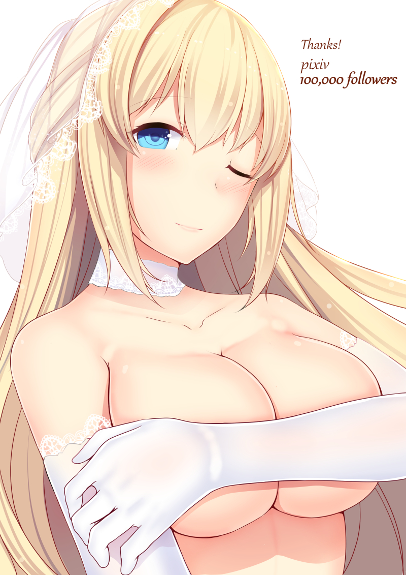 blonde_hair blue_eyes blush breasts bridal_veil collarbone covering covering_breasts daiaru gloves jewelry large_breasts long_hair looking_at_viewer neck_ribbon necklace neptune_(series) no_bra nude one_eye_closed ribbon sidelocks smile solo upper_body veil vert white_background white_gloves