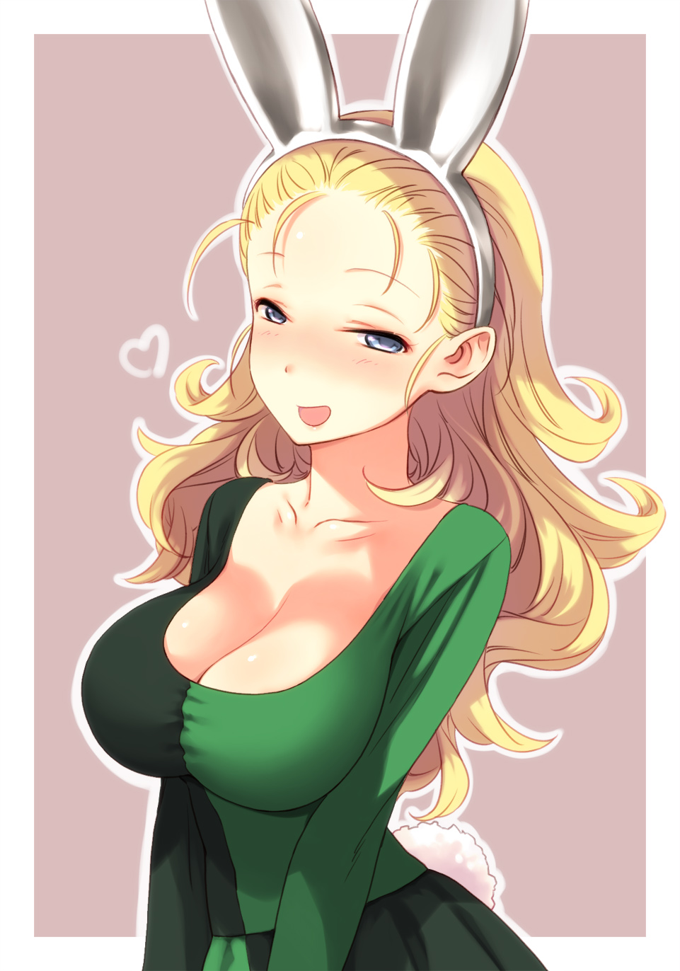 animal_ears blonde_hair blue_eyes breasts bunny_ears bunny_tail character_request cleavage collarbone dragon_quest fuyube_rion heart highres large_breasts long_hair looking_at_viewer open_mouth skirt smile solo tail