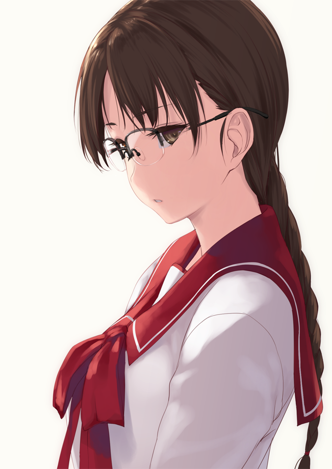 bangs braid brown_eyes brown_hair commentary_request from_side glasses hoshina_tomoko long_hair long_sleeves looking_at_viewer looking_to_the_side neckerchief over-rim_eyewear parted_bangs parted_lips red_ribbon ribbon rokuwata_tomoe sailor_collar school_uniform semi-rimless_eyewear serafuku shirt simple_background single_braid solo to_heart upper_body white_background white_shirt