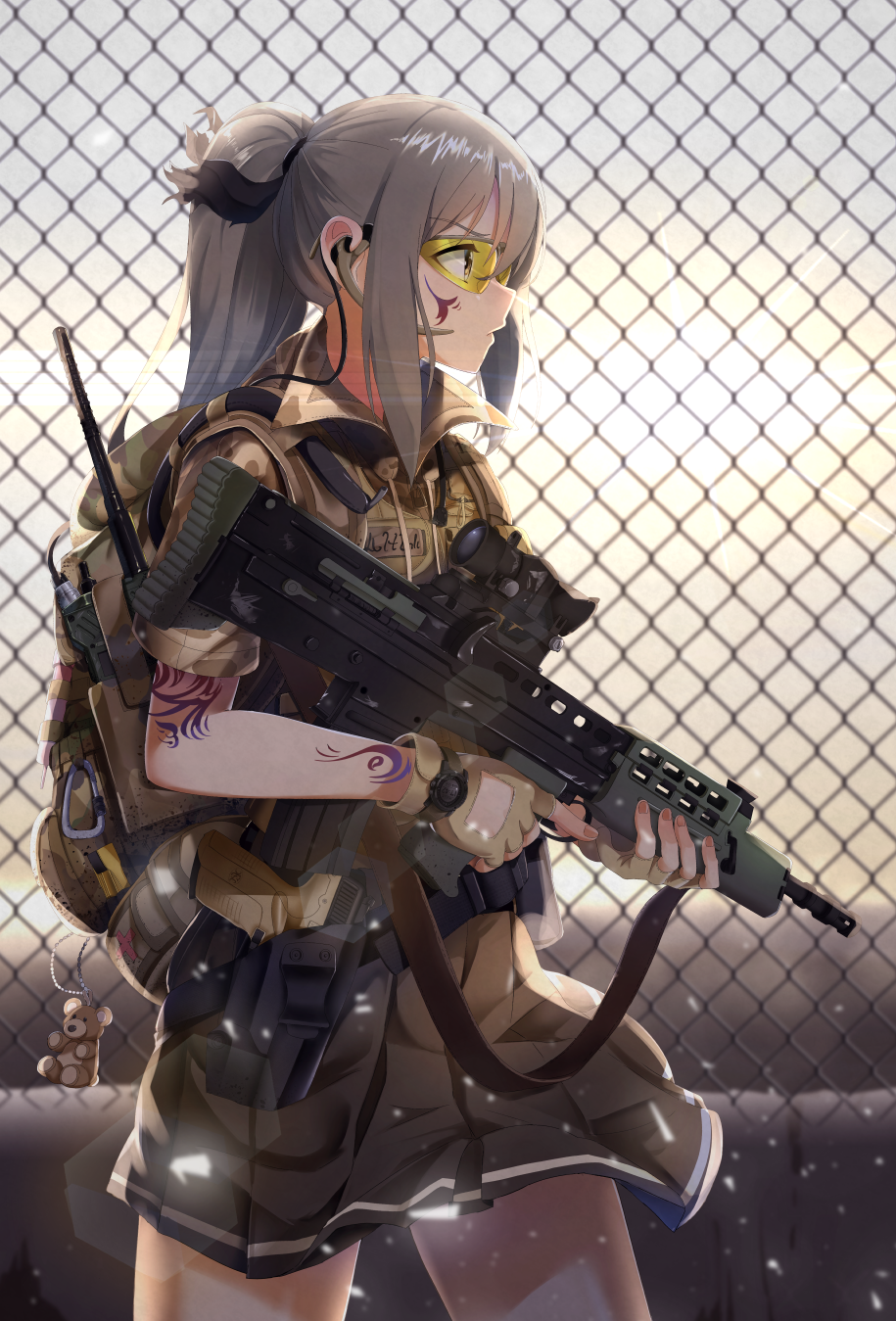 assault_rifle backpack bag bag_charm black_skirt brown_gloves casino_(casinoep) chain-link_fence charm_(object) closed_mouth commentary_request cowboy_shot fence fingerless_gloves from_behind gloves goggles grey_hair gun headset highres holding holding_gun holding_weapon l85 lens_flare load_bearing_vest long_hair military original outdoors pleated_skirt ponytail profile revision rifle scope shooting_glasses short_sleeves sidelocks skirt solo tattoo trigger_discipline weapon yellow_eyes