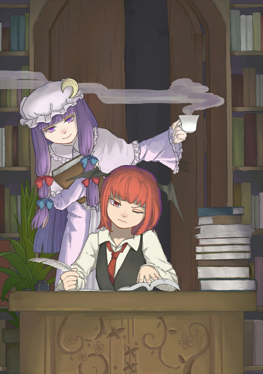 alternate_hair_length alternate_hairstyle bangs bat_wings blunt_bangs book book_hug book_stack bookshelf capelet collared_shirt crescent crescent_moon_pin cup desk door dress dress_shirt eyelashes foresty frown hair_ribbon hat head_wings highres holding holding_book inkwell koakuma leaning_to_the_side library long_hair long_sleeves mob_cap multiple_girls necktie one_eye_closed open_book open_door patchouli_knowledge plant potted_plant purple_dress purple_eyes purple_hair quill red_eyes red_hair red_neckwear ribbon role_reversal shirt short_hair sitting smile standing steam striped striped_dress teacup touhou tress_ribbon very_long_hair vest voile white_shirt wide_sleeves wings writing