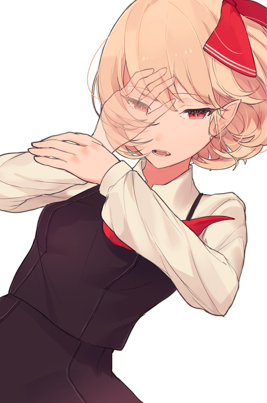 blonde_hair hair_ribbon highres looking_at_viewer open_mouth pointy_ears red_eyes red_ribbon ribbon rumia short_hair simple_background slit_pupils solo touhou white_background x-ray yuusei_tsukiro