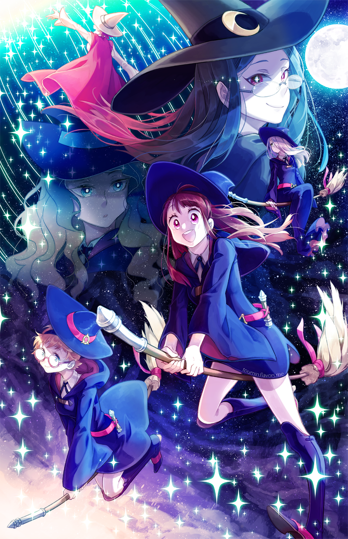 :d ahoge arm_up asymmetrical_bangs bangs belt black_dress black_hair black_hat blonde_hair blue_eyes blue_footwear blue_hat blue_ribbon boots brown_hair cape cloud cloudy_sky diana_cavendish dress floating_hair full_moon glasses gradient_sky hair_over_one_eye hat holding kagari_atsuko knee_boots light_green_hair little_witch_academia long_dress long_hair looking_at_viewer lotte_jansson moon multicolored_hair multiple_girls nebula neck_ribbon open_mouth parted_lips purple_sky red-framed_eyewear red_cape red_eyes red_hair ribbon shiny_chariot shirt short_dress short_hair sitting sky smile sparkle spoilers star_(sky) starry_sky sucy_manbavaran touminnn two-tone_hair ursula_charistes watermark web_address white_hat white_shirt witch_hat