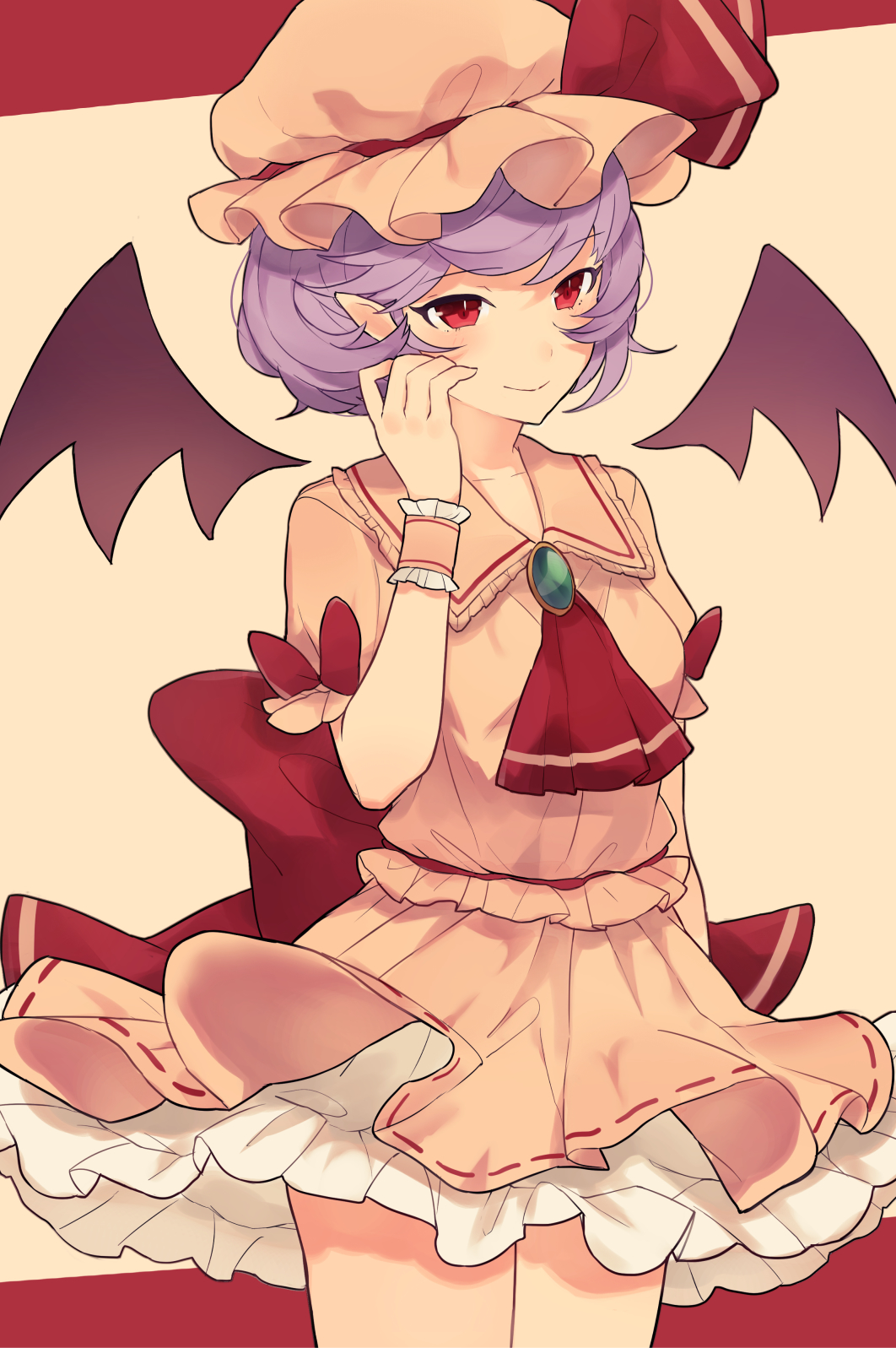 ascot bat_wings closed_mouth hat highres pointing pointing_at_viewer purple_hair red_eyes red_neckwear remilia_scarlet short_hair short_sleeves skirt smile solo touhou wings wrist_cuffs yuusei_tsukiro