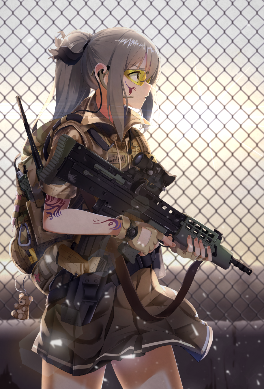 assault_rifle backpack bag bag_charm black_skirt brown_gloves casino_(casinoep) chain-link_fence charm_(object) closed_mouth commentary_request cowboy_shot fence fingerless_gloves from_behind gloves goggles grey_hair gun headset highres holding holding_gun holding_weapon l85 lens_flare load_bearing_vest long_hair md5_mismatch military original outdoors pleated_skirt ponytail profile rifle scope short_sleeves sidelocks skirt solo tattoo trigger_discipline weapon yellow_eyes