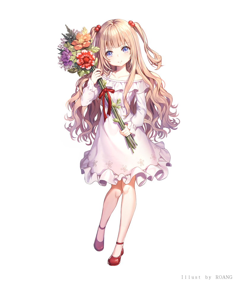 artist_name bad_id bad_pixiv_id bangs bare_shoulders blunt_bangs bouquet brown_hair closed_mouth collarbone commentary_request dress eyebrows_visible_through_hair floral_print flower full_body hair_bobbles hair_ornament head_tilt holding holding_flower long_hair long_sleeves looking_at_viewer off-shoulder_dress off_shoulder orange_flower original print_dress purple_eyes purple_flower red_flower red_footwear red_ribbon ribbon roang shoes short_dress simple_background smile solo standing two_side_up wavy_hair white_background white_dress
